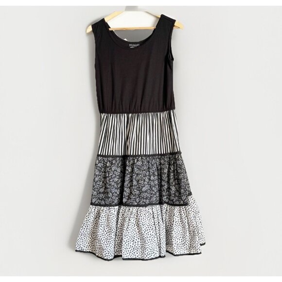 VTG PKs Closet Patchwork Fit & Flare Tiered Dress Sz 12 Black White Artsy Boho - Picture 1 of 9